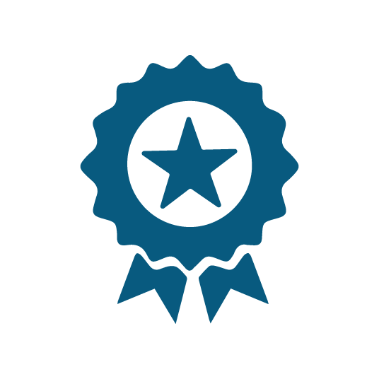 Blue award badge with star and ribbons