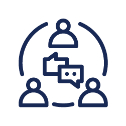 Group communication icon with three people and chat bubble